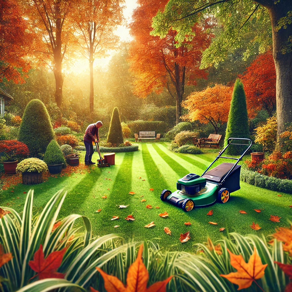 DALL·E 2024-11-11 14.48.43 - A blog header image showing a beautiful autumn garden with a well-kept lawn preparing for winter. The scene includes fallen autumn leaves scattered ov