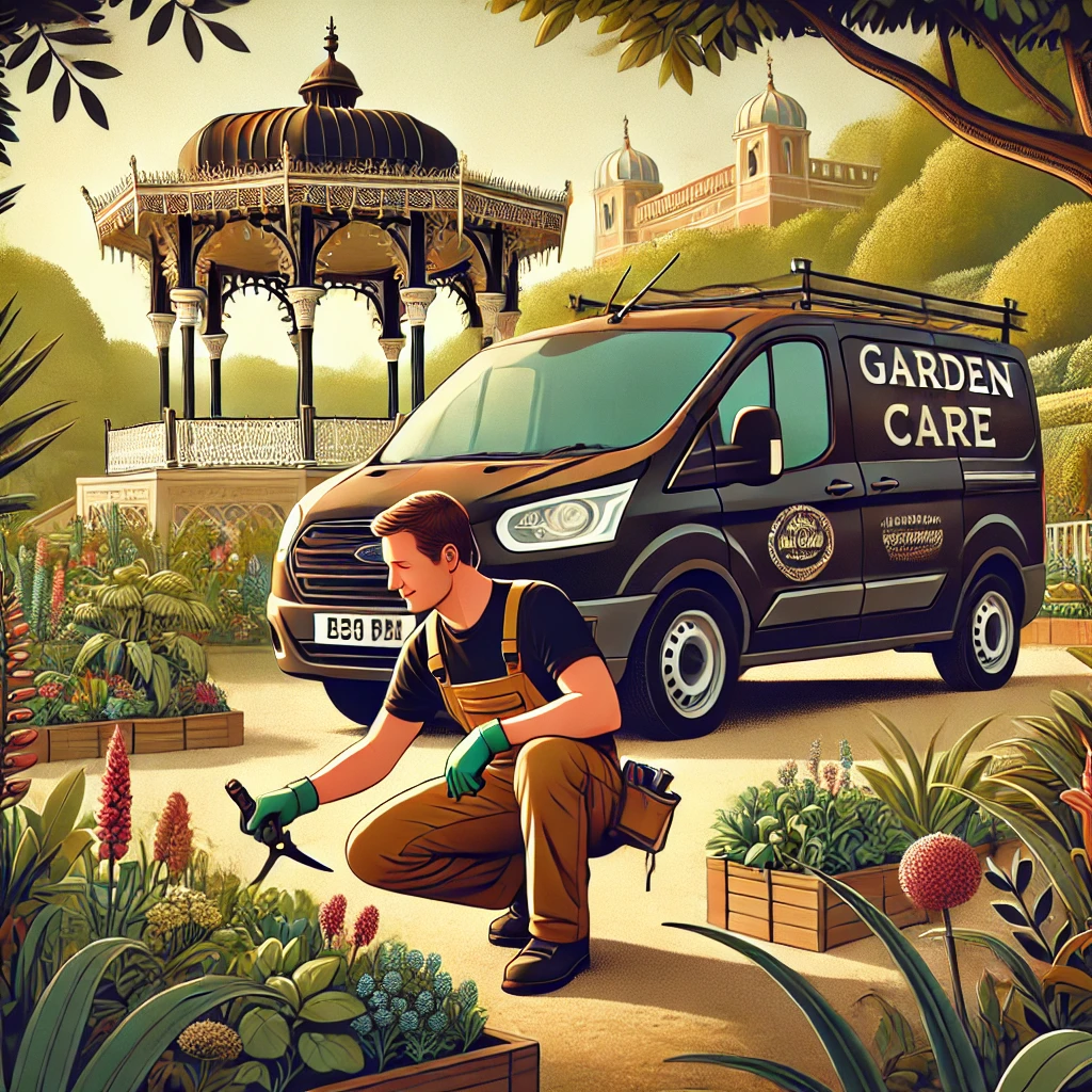 DALL·E 2024-11-11 16.05.34 - A 370 by 235 pixel image showing a professional gardener providing 'Garden Care.' The scene includes a gardener trimming plants and maintaining flower