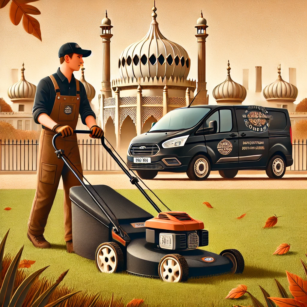 DALL·E 2024-11-11 16.05.36 - A 370 by 235 pixel image showing a professional gardener providing 'Lawn Care.' The scene includes a gardener mowing a well-kept lawn with a scatterin