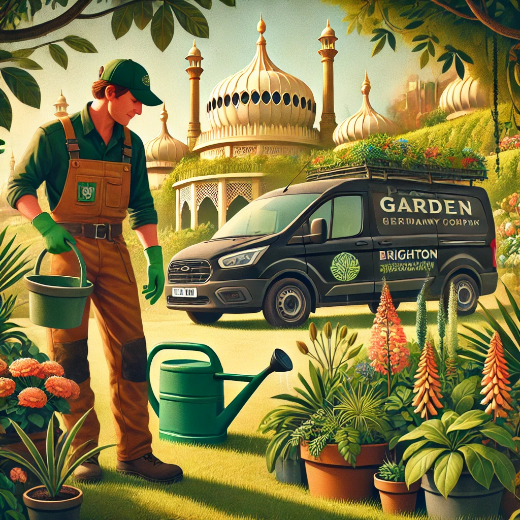 DALL·E 2024-11-11 16.05.38 - A 370 by 235 pixel image showing a professional gardener providing 'Plant Care.' The scene includes a gardener watering and checking plants in pots an