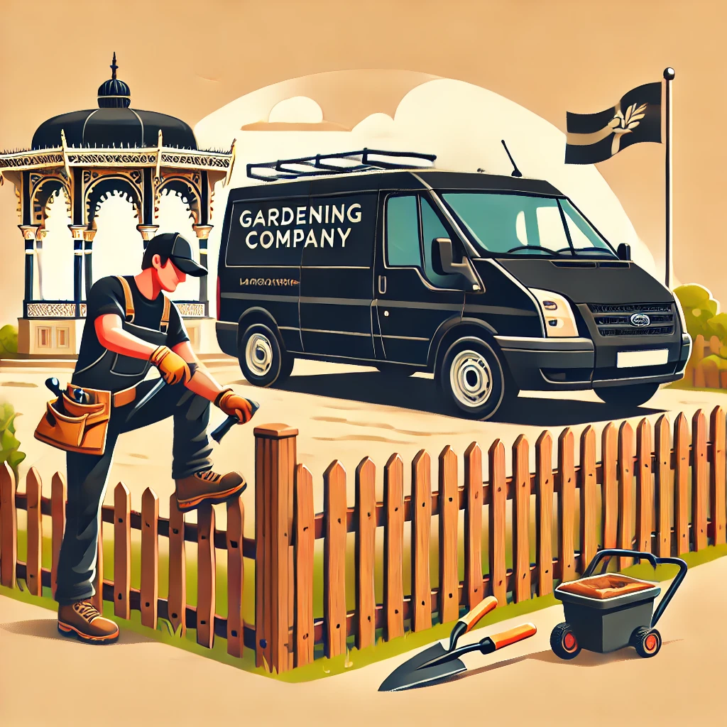 DALL·E 2024-11-11 16.05.39 - A 370 by 235 pixel image showing a professional gardener building a fence as part of 'Landscaping' services. The scene includes the gardener installin