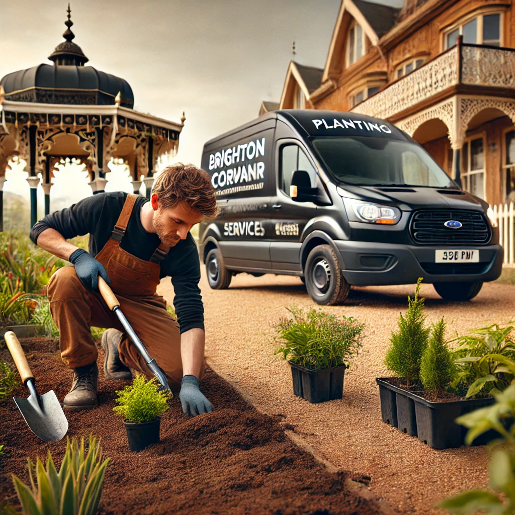 DALL·E 2024-11-11 16.05.40 - A 370 by 235 pixel image showing a professional gardener planting new plants as part of 'Planting' services. The scene includes the gardener digging a