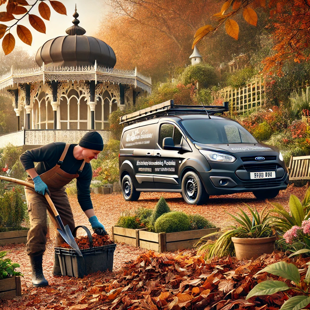 DALL·E 2024-11-11 16.05.41 - A 370 by 235 pixel image showing a professional gardener providing 'Winter Tidy' services. The scene includes a gardener clearing fallen leaves and ti